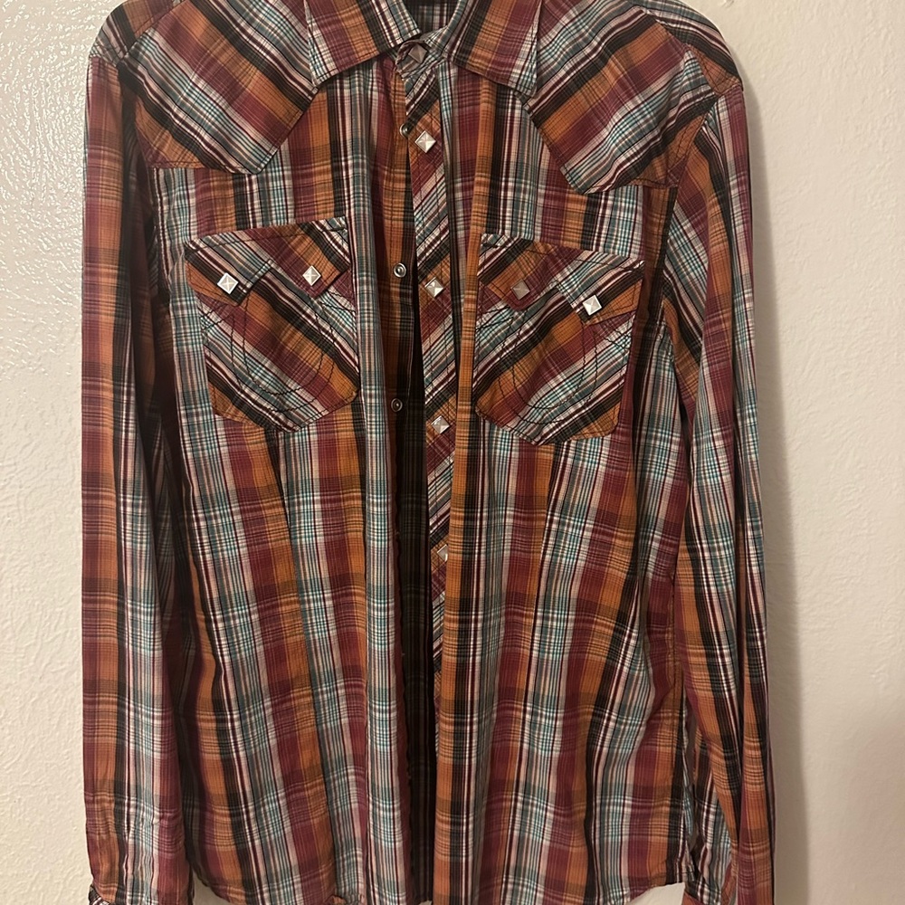 True Religion Red and Brown Plaid Casual Button Down Shirt